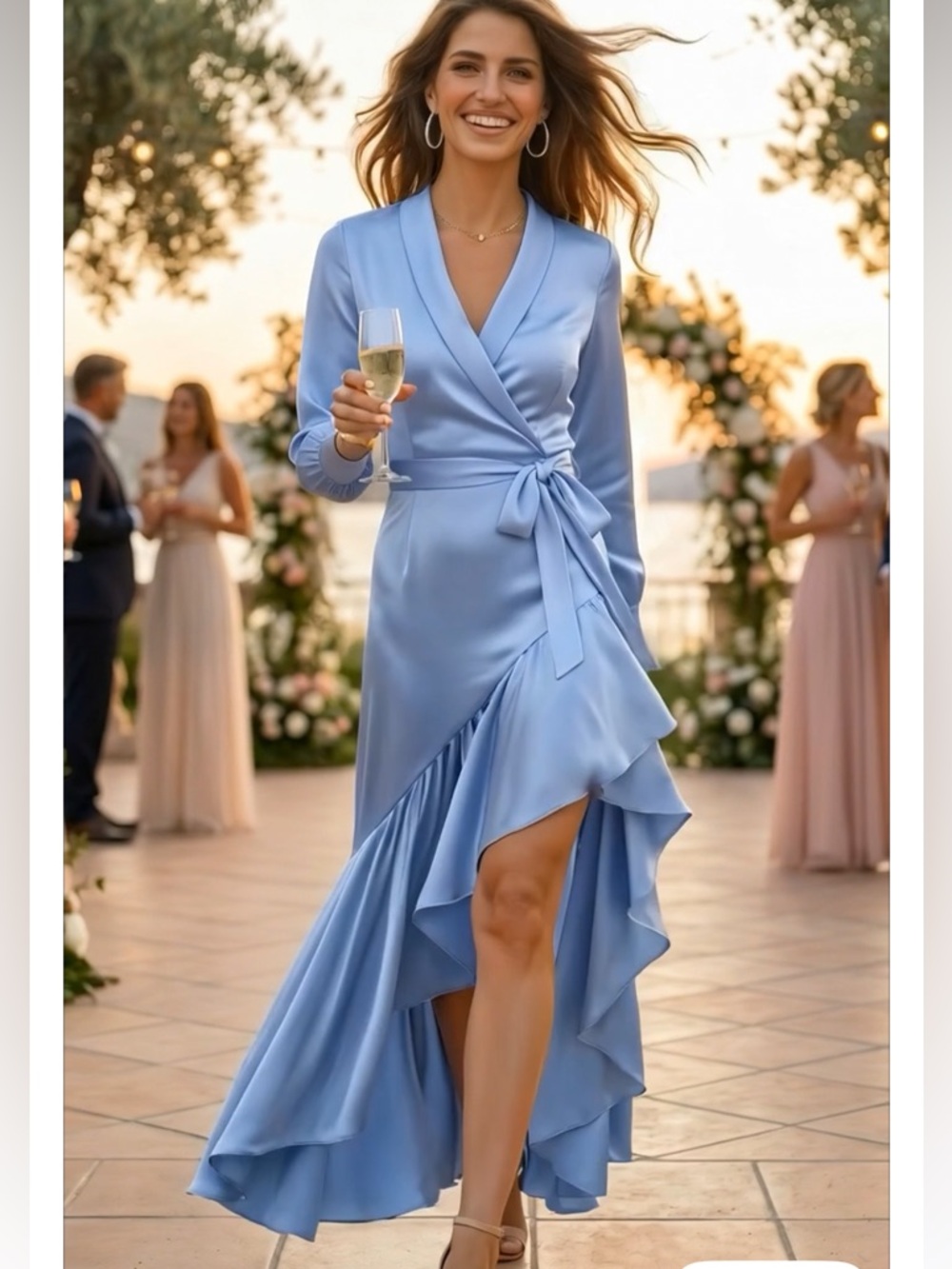 Mac Duggal Gown Periwinkle Blue Satin Wrap High Low Formal Dress Size 6 NWT